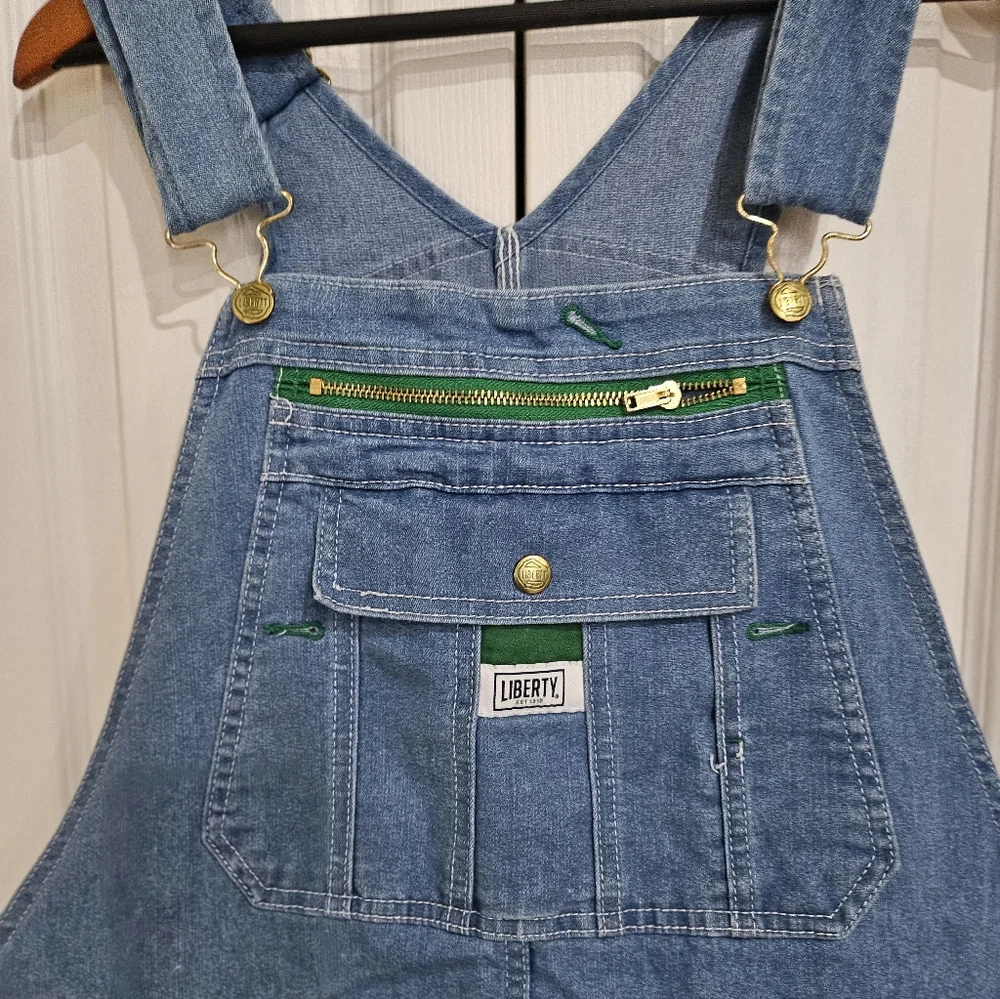 VINTAGE Liberty Blue Denim Short Y2K Overalls with Green Trim XL. - Picture 4 of 12